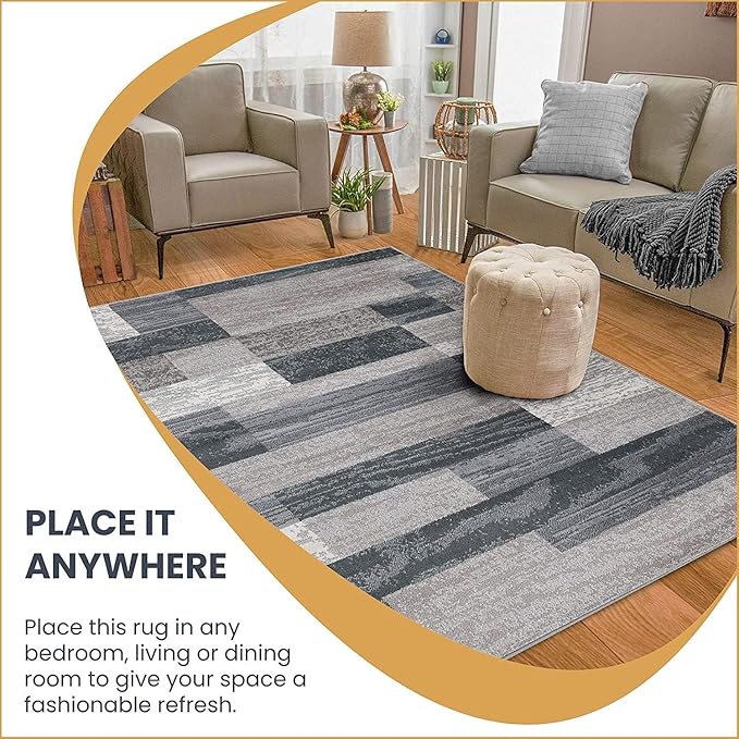 SUPERIOR Indoor Area Rug, Jute Backed, Modern Geometric Patchwork Floor Decor for Bedroom, Office, Living Room, Entryway, Hardwood Floors, Rockwood Collection, 5' x 8', Blue-Taupe