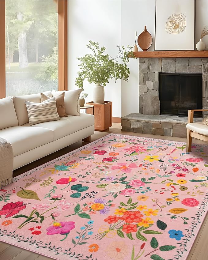 Boho Washable Area Rug 5x7 – Floral Low Pile Non-Slip Carpet for Living Room, Bedroom, Office, Playroom, Entryway, Kitchen, Dining Room (Pink)