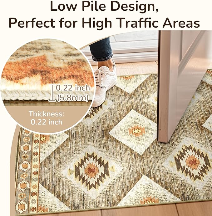 Area Rug 3x4 Rug Machine Washable Non-Slip Low Pile Print Pattern Western Rug for Living Room Bedroom Entryway Tribal Series-Cream/Camel