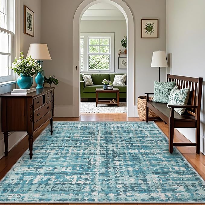 6x9 Abstract Area Rugs for Living Room, Modern Teal Blue Washable Indoor Rug for Bedroom, Thin Soft Large Non-Slip Carpet for Dining Room Home Office Farmhouse Decor