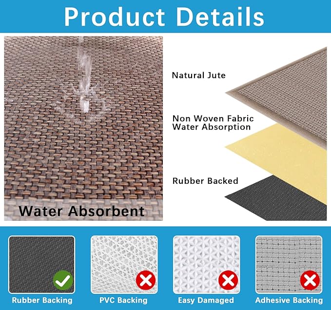 GOYLSER 5ft Kitchen Runner Rugs Non Skid Washable, Rubber Backed Absorbent Jute Kitchen Rug Carpet Sink Mat Non Slip, Light Brown