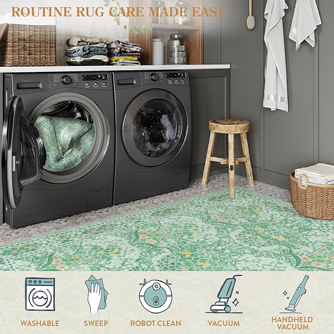 Lahome Floral Washable Area Rugs 5x7, Soft Green Rugs for Living Room Bedroom, Boho Non Slip Low Pile Forest Stain Resistance Large Throw Carpet for Farmhouse Dining Room Office,Sage Green