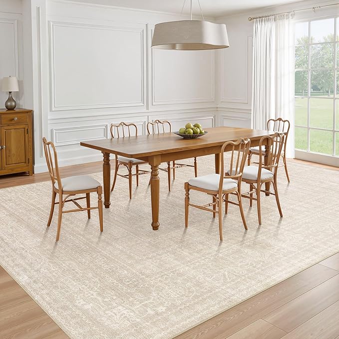 5x7 Area Rugs Living Room: Washable Large Vintage Beige Rug Neutral Non-Slip Soft Stain Resistant Indoor Carpet for Bedroom Nursery Dining Room Under Table Bed Home House Office Playroom
