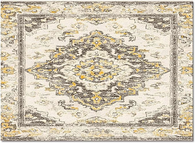 Bohemian Pattern Rectangular Area Rugs for Living Room Bedroom 2.8 x 5 ft Brown & Yellow Abstract Non-Shedding Soft Low Pile Rug Non Slip Washable Rug for Nursery Entryway Playroom