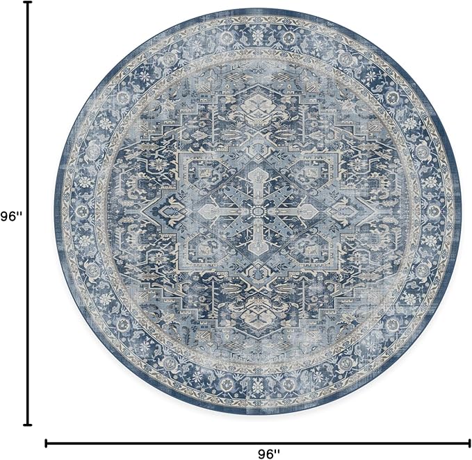 RUGGABLE Washable Area Rug – Kamran Admiral Blue 8 ft Round, Stain-Resistant, Non-Slip – Large Machine Washable Rugs for Living Room, Bedroom, Hallway, Entryway & Office–with Cushioned Pad
