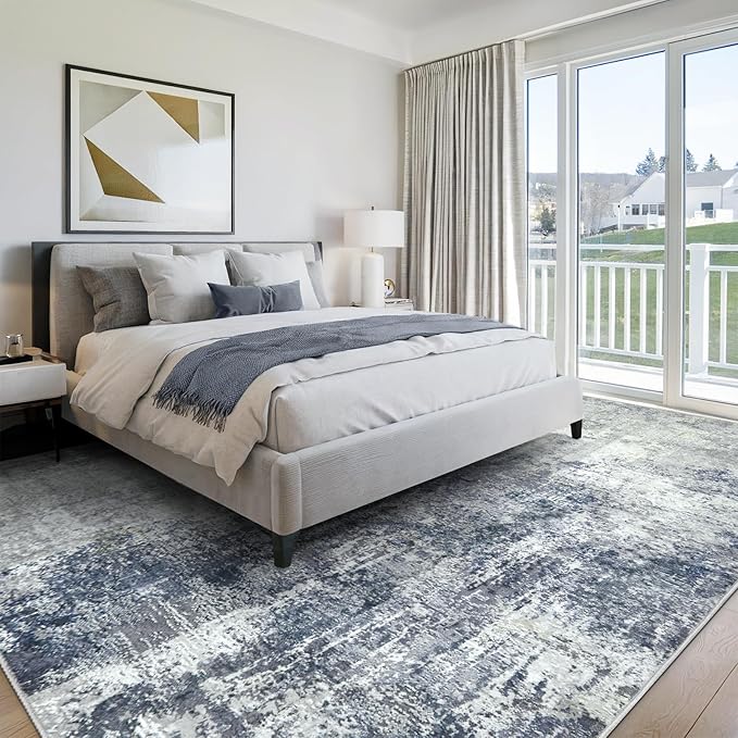 Area Rug for Living Room 10x14 - Extra Large Washable Neutral Modern Abstract Rugs, Soft Carpet with Non Slip Backing for Under Dining Room Table, Bedroom, Home, Office, Dorm - Indigo Gray