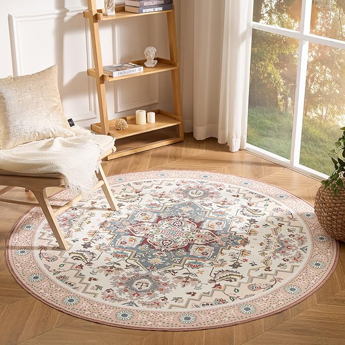 Phantoscope Washable Round Area Rug 6ft Non-Slip, Vintage Boho Rugs for Living Room, Bedroom, Dining Room, Persian Floral Medallion Pattern, Low-Pile Foldable Floor Carpet, Ivory Rose/Fall Bloom