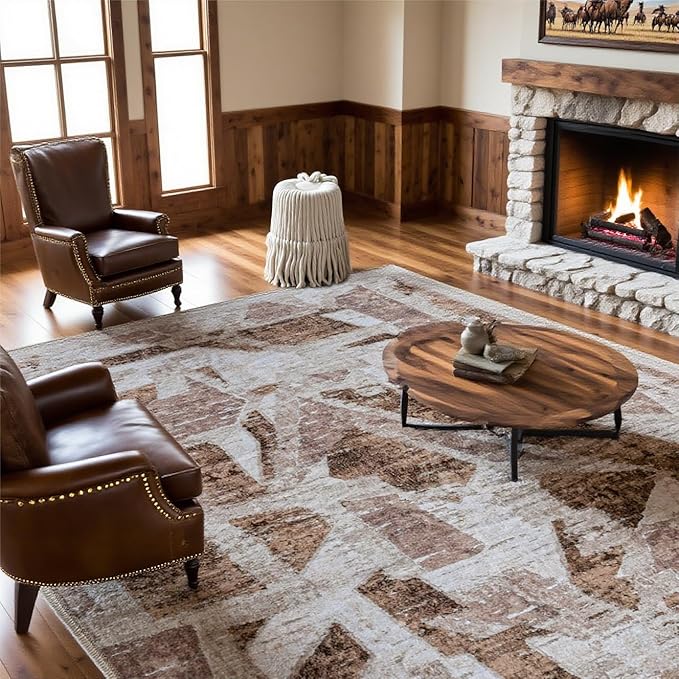 Modern Abstract 5X7 Area Rug for Living Room Bedroom Washable, with Non-Slip Rubber Backing Print Faux Wool Thin, Brown Throw Large Carpet for Kids Playroom Dining Room Pet & Child Friendly