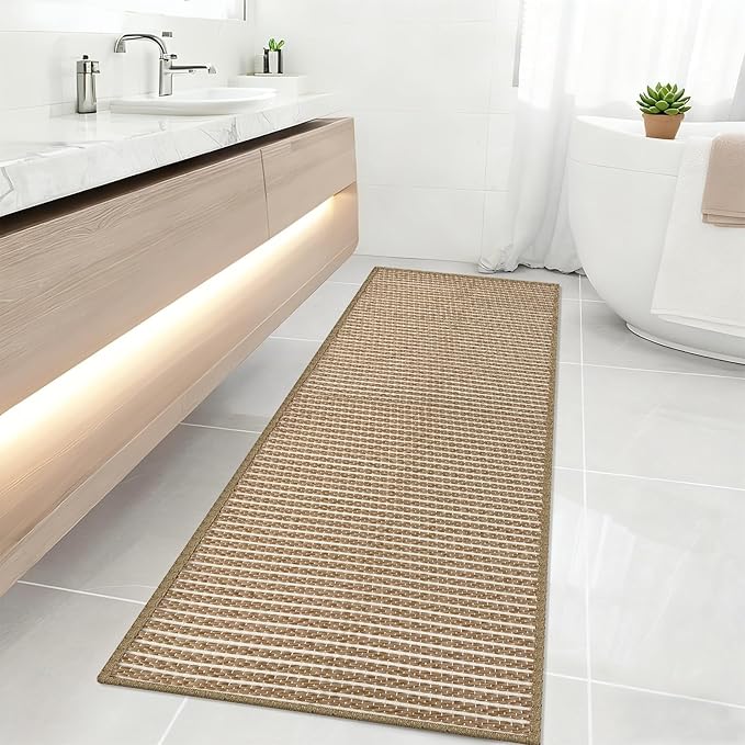 Long Bathroom Rug,24"x60"Braided Kitchen Runner,Boho Kitchen Mats for Floor,Super Absorbent Hallway Runner,Washable Floor Carpet for Bedroom,Entryway,Living Room,Non Slip,Brown