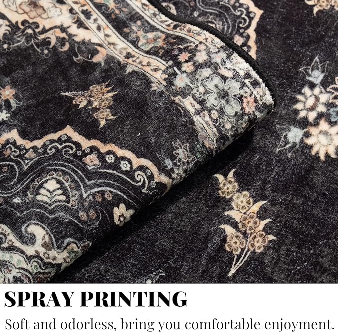 MUJOO Black Round Rug 4ft,Circle Washable Area Rugs for Bedroom Living Room Bathroom,Vintage Bohemian Distressed Farmhouse Non Slip Circular Carpet,Floral
