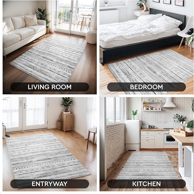 Small Area Rug-2x3 Entryway Rug Non Slip Washable Low Pile Indoor Door Mat Neutral Distressed Boho Moroccan Entrance Rugs Carpet for Bedroom Kitchen Powder Room Front Porch Bathroom, Black