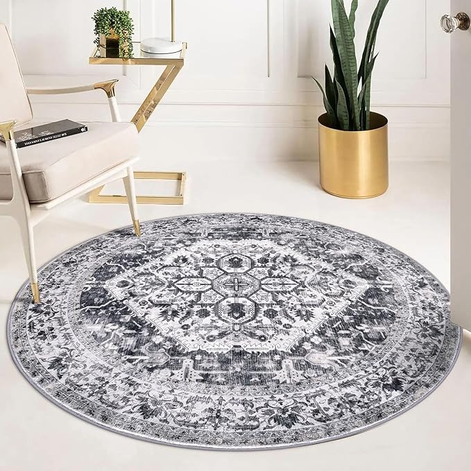 KOZYFLY Round Rug 5 Ft Rugs for Entryway Washable Circle Entrance Rug Non Slip Round Doormat Indoor Printed Faux Wool Round Front Door Mat Floor Carpet for Backdoor, Entryway, Bedroom, Grey