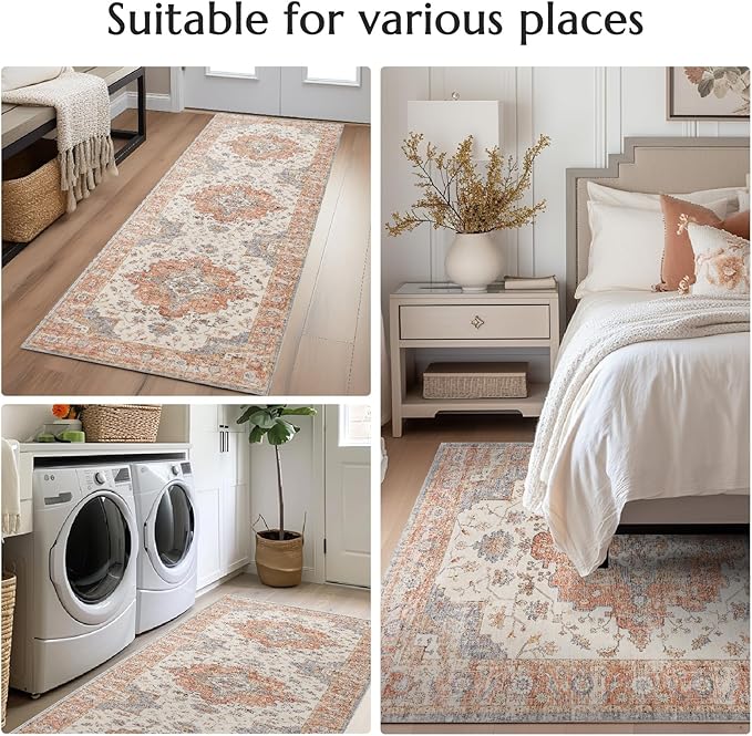 jinchan Runner Rug 2x5 Vintage Hallway Rug Boho Washable Runner Floral Medallion Retro Lightweight Non Slip Classic Thin Soft Carpet for Kitchen Bedroom Bathroom Laundry Room Doorway Brick Red
