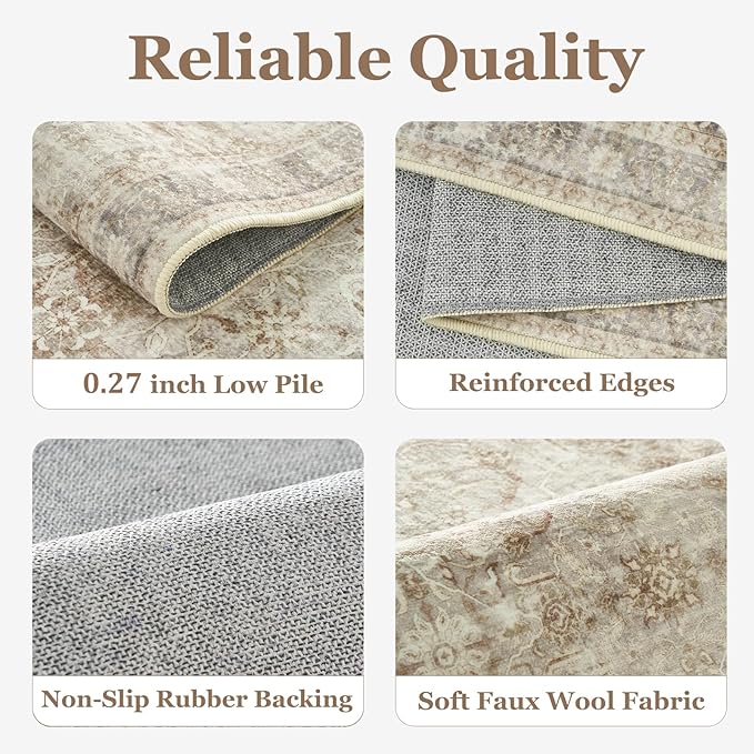 Beige Taupe Area Rug 6x9, Vintage Neutral Earth Tone Rugs for Living Room Bedroom, Washable Non Slip Low Pile Thin Carpet Rug for Dining Room Playroom Guest Room Home Office