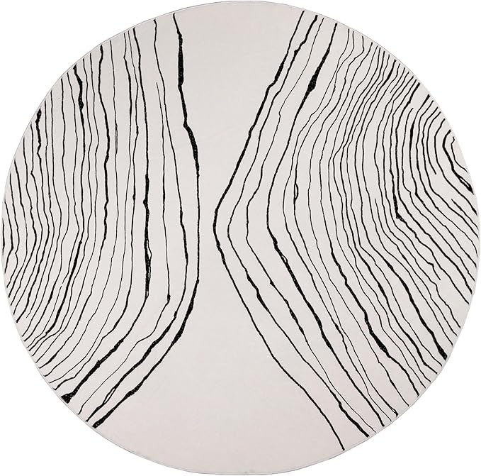 GLN Rugs Contemporary Collection - Machine Washable Area Rug, Contemporary Washable, Non Slip, Low Pile Chenille Rug, Living Room, Bedroom, Kitchen Rug (5'3" Round Beige Black)