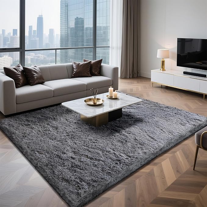6x9 Area Rugs for Living Room Bedroom, Soft Fluffy Shaggy Bedside Rug, Indoor Floor Carpet for Kids Playroom, Dorms, Nursery Rooms, Home Decor (Grey 6'x9')