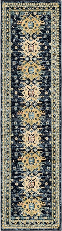 Unique Loom Taftan Collection Border Geometric Tribal Inspired Design Area Rug (2' 7 x 10' 0 Runner, Navy Blue/ Gold)