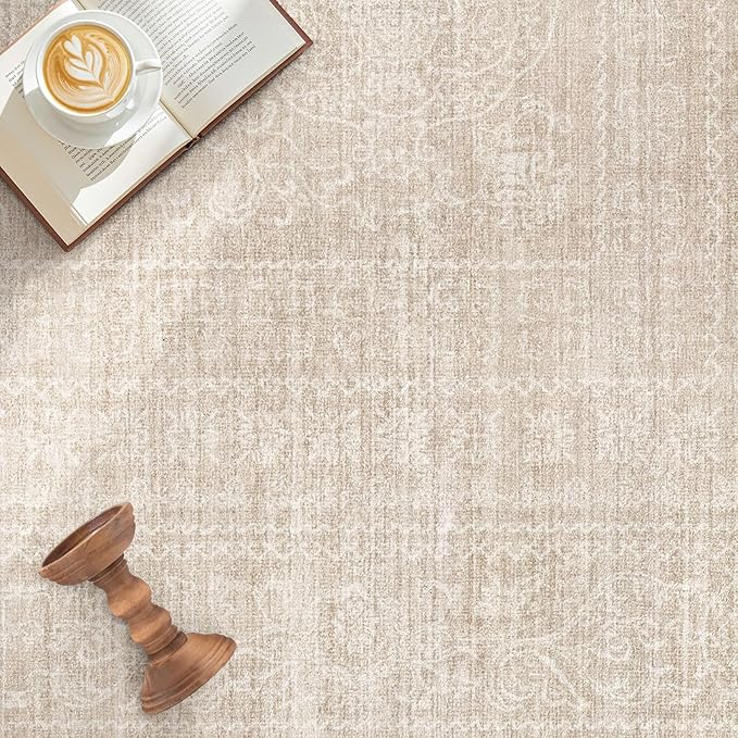 8x10 Area Rugs Living Room: Washable Large Vintage Beige Rug Neutral Non-Slip Soft Stain Resistant Indoor Carpet for Bedroom Nursery Dining Room Under Table Bed Home House Office Playroom