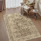 4x5 Washable Area Rug for Entryway Office Brown Vintage Non-Slip Low Pile Distressed Rustic Carpet Lightweight Vacuumable Soft Throw Rug for Living Room Indoor Dining Room