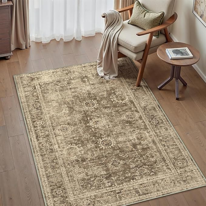 3x4 Washable Area Rug for Entryway Brown Vintage Non-Slip Low Pile Distressed Rustic Carpet Lightweight Vacuumable Door Mat Soft Small Door Mat Small Throw Rug for Entrance
