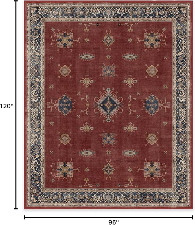 RUGGABLE Washable Vintage Area Rug – Verena Amber Red 8x10, Stain-Resistant, Non-Slip – Large Machine Washable Rugs for Living Room, Bedroom, Hallway, Entryway & Office–with Cushioned Pad