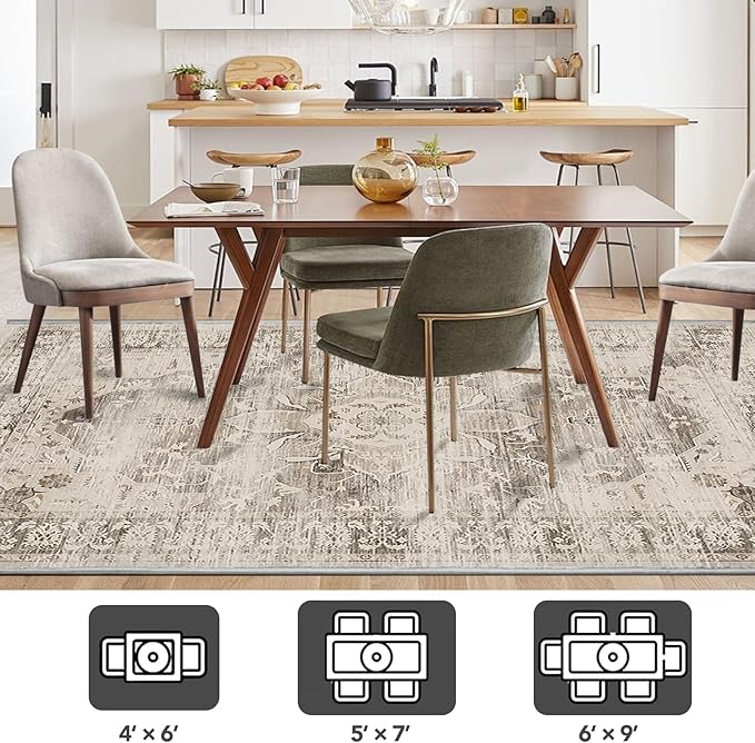 Washable Area Rugs for Living Room 4’x6’ Non Slip Low Pile Area Rugs for Bedroom Foldable Vintage Carpets