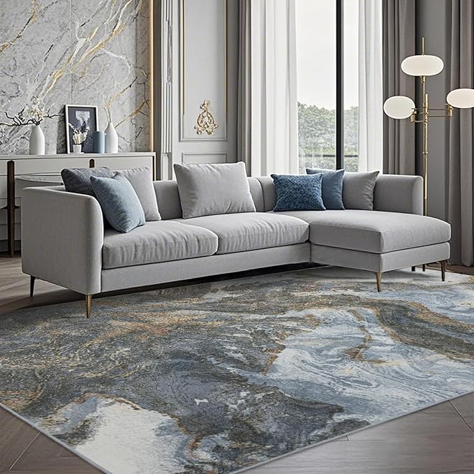 Modern Washable Rug for Living Room: Abstract 9x12 Area Rugs for Bedroom Low Pile Non Slip - Stain Resistant Carpet for Dining Room Indoor - Grey Gold