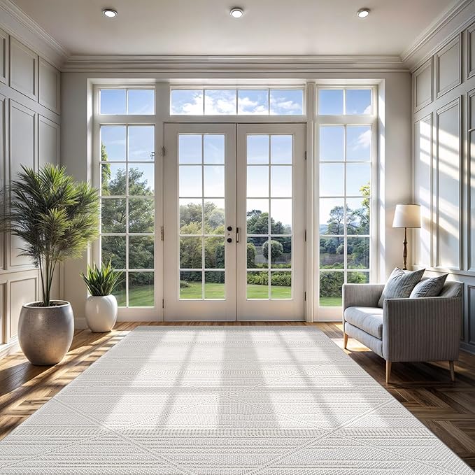 CAMILSON Micro Loop Rug 8x10 Modern Luxury Geometric Pattern Area Rugs Soft High and Low Pile Stain Resistant Easy-Cleaning Non-Shedding for Living Room Office Indoor Carpet (8 x 10 / White)