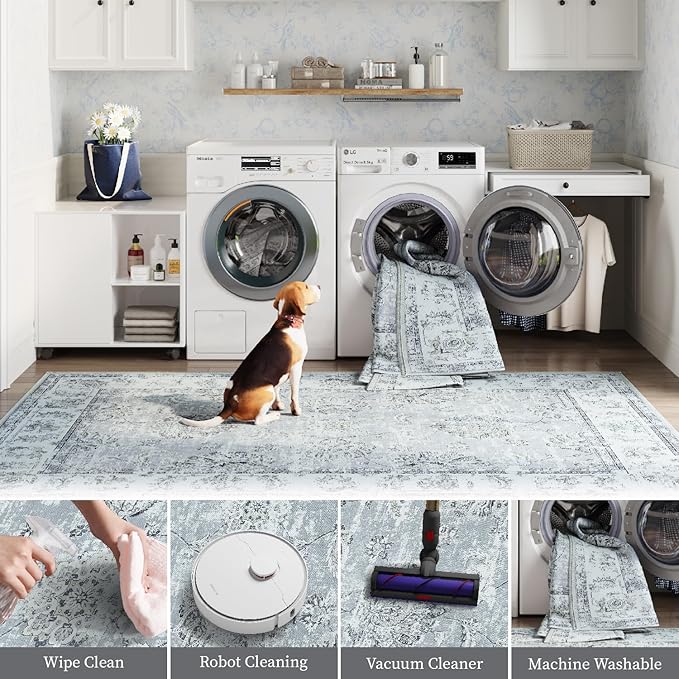 jinchan Fiora Washable Area Rug 8x10 for Living Room Soft Faux Wool Ultra-Thin Stain Resistant Non-Slip Distressed Vintage Floral Large Carpet for Bedroom Dining Room Home Office Nursery(Grey, 8'x10')