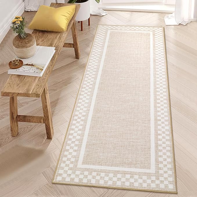 GarveeHome Kitchen Runner Rug Washable Runner Rug 2x6 for Hallway Non Slip Soft Throw Runner Carpet Modern Bordered Bathroom Mat Low Pile Checkered Runner Rugs for Bedroom Living Room Entry, Beige