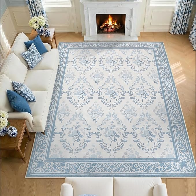 SOULFUL Medium Pile 4x6 Rugs for Living Room - Soft Underfoot Area Rug - Mist Blue Boho Floral - Washable Non-Slip - Perfect for Bedroom Kids Room Under Dining Table Office