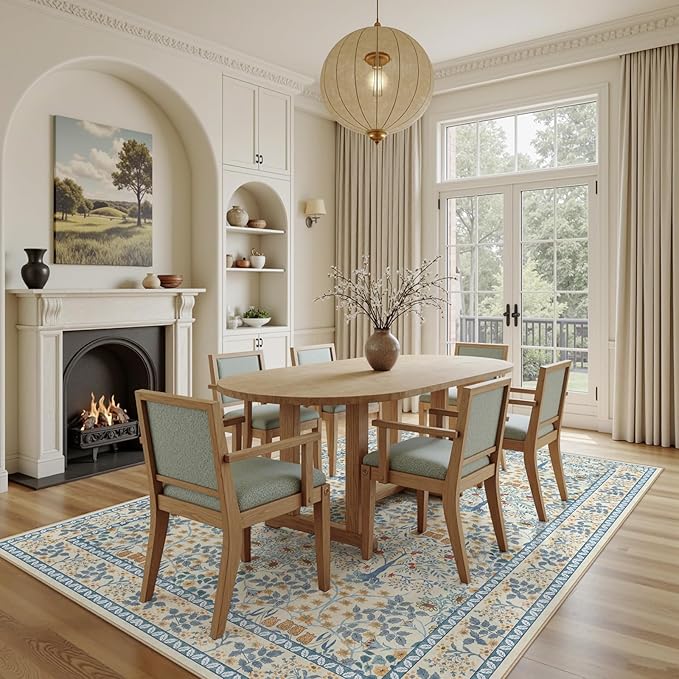 5x7 Area Rugs Living Room Rug - Floral Vintage Morris-Inspired Washable Carpet, Low Pile Non-Shedding Stain Resistance Boho Soft Carpet for Bedroom, Dining Room, Office, Farmhouse (5'x7' Blue/Orange)