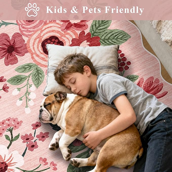 DUKINO 2x5 Washable Runner Rugs, Non Slip Floral Print Entryway Rug with Soft Low Pile, Lightweight Mat for Living Room, Bathroom, Bedroom, Kitchen, Pink