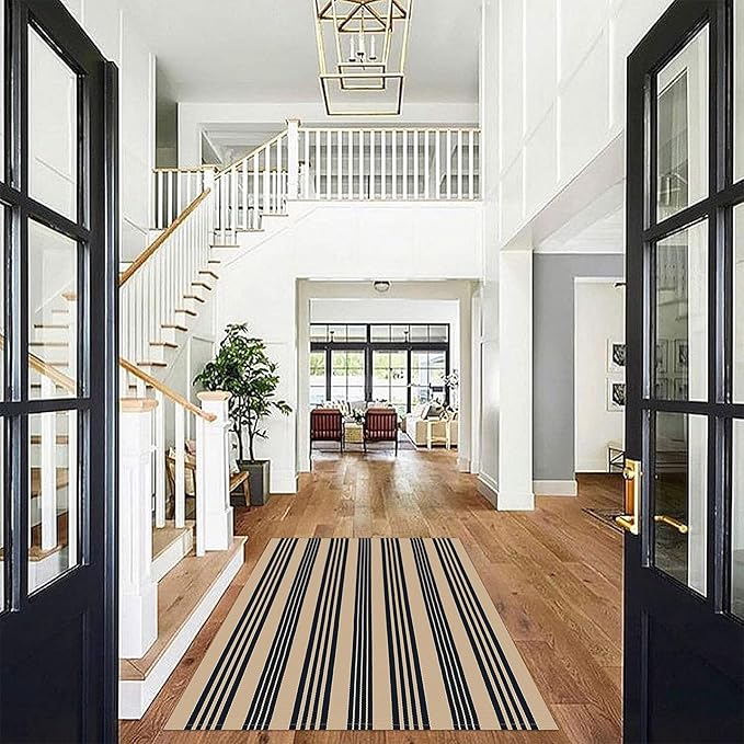 KOZYFLY Striped Front Door Mat 4x6 Ft Brown and Black Front Door Rug Cotton Washable Indoor Outdoor Rug Large Doormats Outdoor Striped Area Rugs for Kitchen Entryway Front Porch