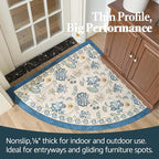 jinchan Elora Floral Corner Rug for Entryway Washable Rug Vintage Romance Design Non Slip Quarter Circle Lightweight Low-Pile Throw Carpet for Playroom Reading Nook Nursery, 4ft Radius, Blue/Beige