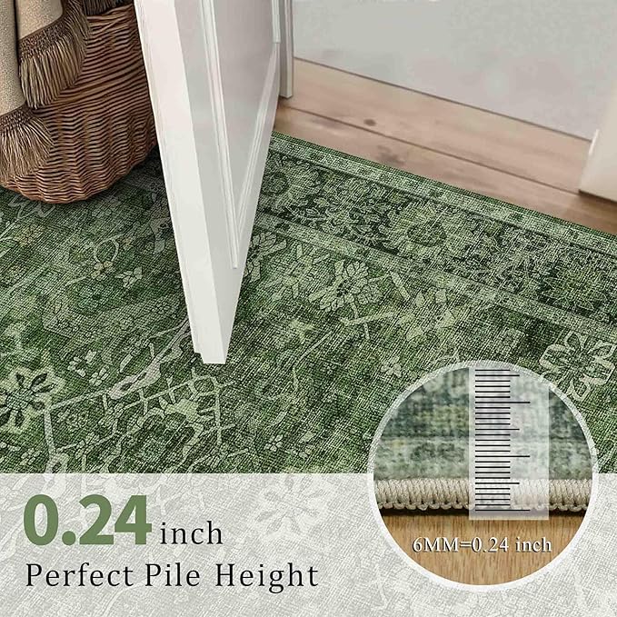 2x8 Runner Rug Green Vintage Washable Runner Rugs for Hallway Kitchen Low Pile Non-Slip Retro Distressed Accent Throw Carpet for Entryway Bathroom Bedroom Green