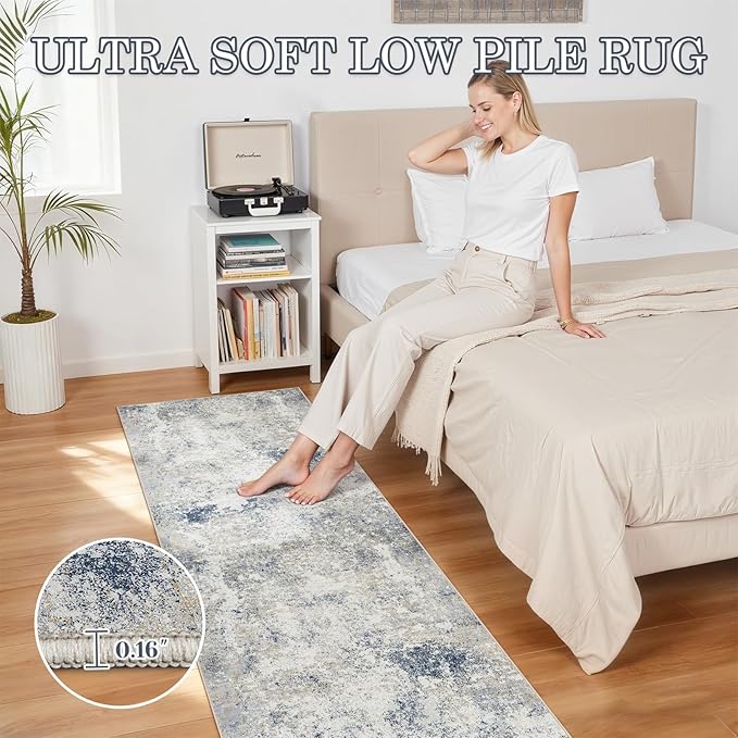 2.6'x8' Hallway Runner Washable Rug - Modern Abstract Rug Runners for Hallways Non-Slip Low Pile Thin Soft Machine Washable Carpet for Bedroom, Laundry, Kitchen, Indoor Entryway (2.6'x8' Beige Blue)