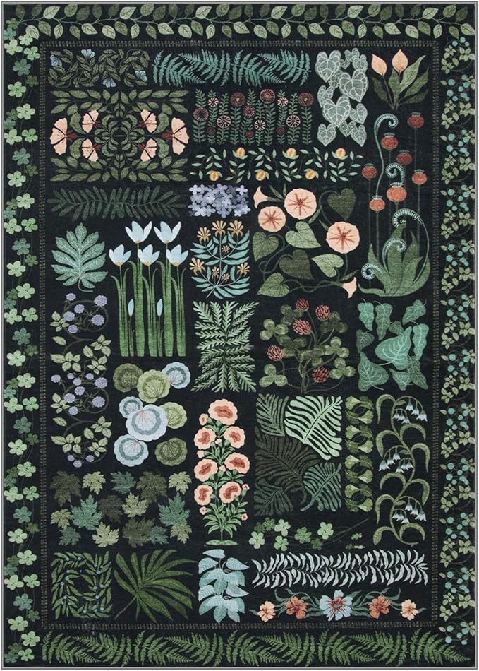 Floral Boho 5x7 Area Rugs for Living Room, Botanical Black Washable Bedroom Rug Non Slip, Large Soft Indoor Throw Carpet for Entryway Kitchen Dining Room Office (Black,5 x 7)