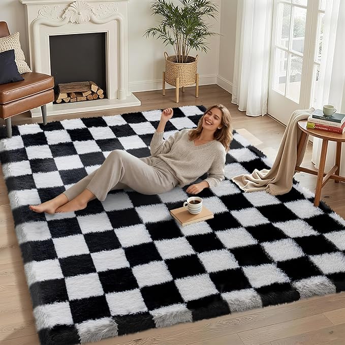 5x7 Area Rugs for Living Room Bedroom, Soft Fluffy Shaggy Bedside Rug, Indoor Floor Carpet for Kids Playroom, Dorms, Nursery Rooms, Home Decor (Black & White 5'x7')
