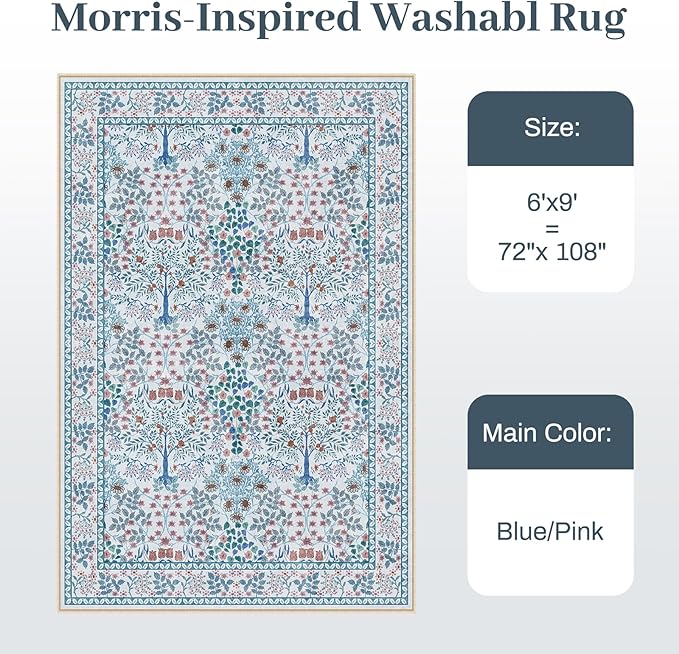 6x9 Area Rugs Living Room Rug - Floral Vintage Morris-Inspired Washable Carpet, Low Pile Non-Shedding Stain Resistance Boho Soft Carpet for Bedroom, Dining Room, Office, Farmhouse (6'x9' Blue/Pink)