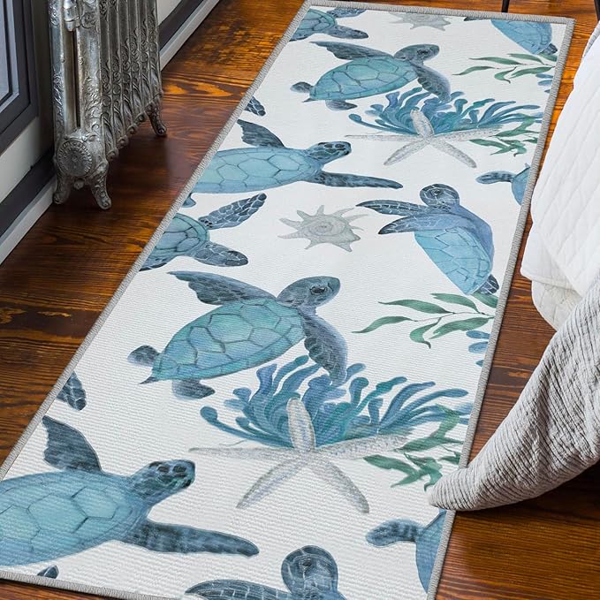 Tritard Coastal Sea Turtles Hallway Runner Rug 2x6 Beach Themed Starfish Area Rug Runner Non-Slip Washable Entryway Doormat Indoor Entrance Carpet for Kitchen Bathroom Laundry Bedroom Living Room