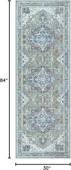 Bloom Rugs Washable Non-Slip 7 ft Runner - Green/Blue Traditional Medallion Runner for Entryway, Hallway, Bathroom, and Kitchen - Exact Size: 2.5' x 7'