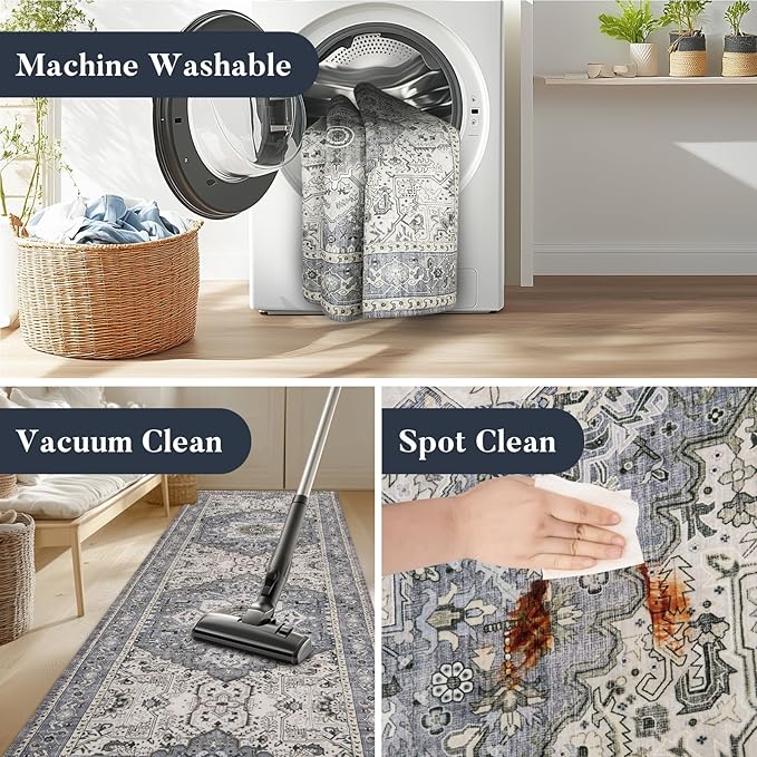 PURRUGS Vintage Farmhouse Boho Throw Rug 3x5 ft, Non-Slip Machine Washable Rug, Accent Oriental Area Rug for Entryway, Kitchen, Bedroom, Living Room and Dining Room, Periwinkle Gray/Soft Ivory