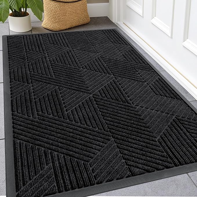Kitinjoy Front Door Mat Outside Entrance, Sturdy Natural Dirt Trapper, Heavy Duty Rubber Doormat, Low Profile Non-Slip Backing, Easy Clean Floor Mat for Indoor Outdoor Entry, 47X32 Inch, Black