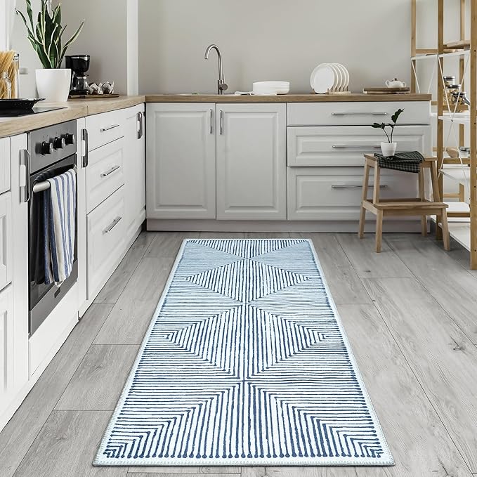 Bloom Rugs Washable Non-Slip 7 ft Runner - Blue/Ivory Striped Runner for Entryway, Hallway, Bathroom, and Kitchen - Exact Size: 2.5' x 7'