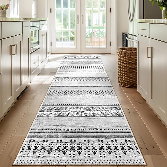 BESTSWEETIE 2x8 Area Rugs for Living Room Washable Moroccan Farmhouse Neutral Geometric Low Pile Non-Slip Soft Print Pattern Rug for Bedroom Kitchen Dining Room Entryway Grey/Black/Navy