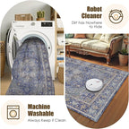 Washable Area Rug 8' x 10' Vintage Traditional Persian Mat - Foldable Distressed Non-Slip Machine Washable Carpet for Living Room Bedroom Kitchen Home Decor - Indigo and Gold