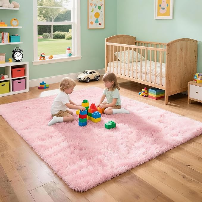 4x6 Solid Fluffy Pink Area Rug – Washable, Durable, Living Room Rug, Non-Slip High Pile Shag Rugs for Bedroom, Living Room, Bedside, Dorms, Nursery Rooms, Kids Room, Soft Indoor Floor Carpet