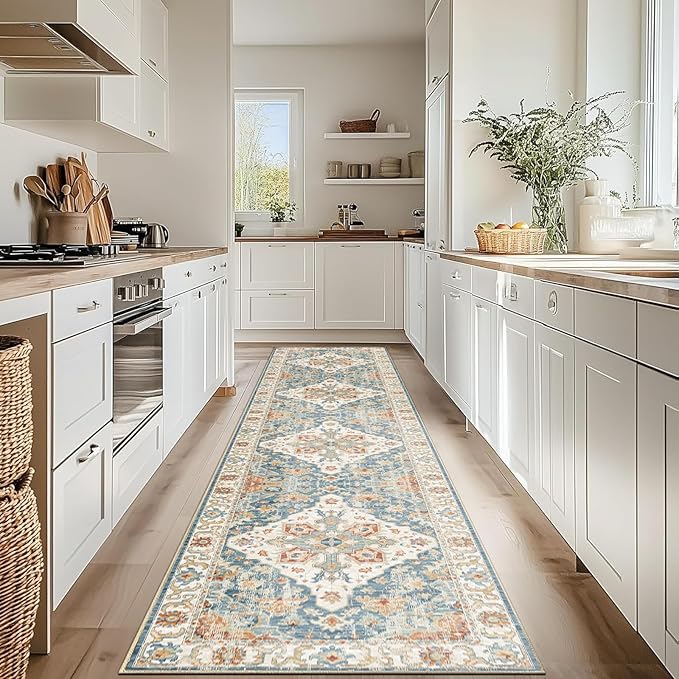 Enkor Runner Rugs for Hallway, 2.6x10.5 Washable Soft Non Slip Floor Rugs for Kitchen, Modern Mat for Living Room Bedroom Entryway Orange & Blue