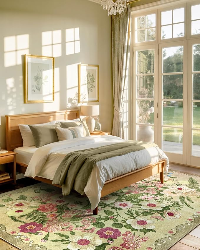 Floral Washable 5x7 Area Rugs - Living Room Rug Non Slip Low Pile Stain Resistant Carpets Indoor Vintage Flower Print Rug for Bedroom Dining Room Kitchen Home Office, Brown